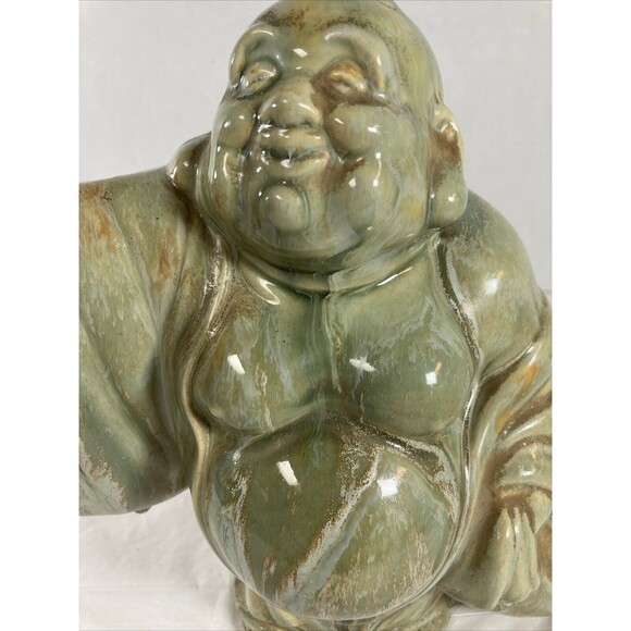 Happy Buddha Pointing Right Green Rare Hotei Smiling Wealth Prosperity Vintage - Picture 2 of 12